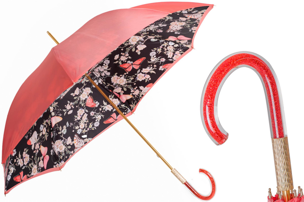 Pasotti coral tint umbrella with butterfly-patterned interior
