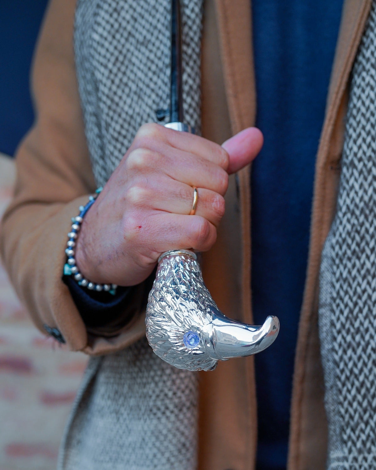Man in a tweed coat holding a silver hedgehog-handle cane
