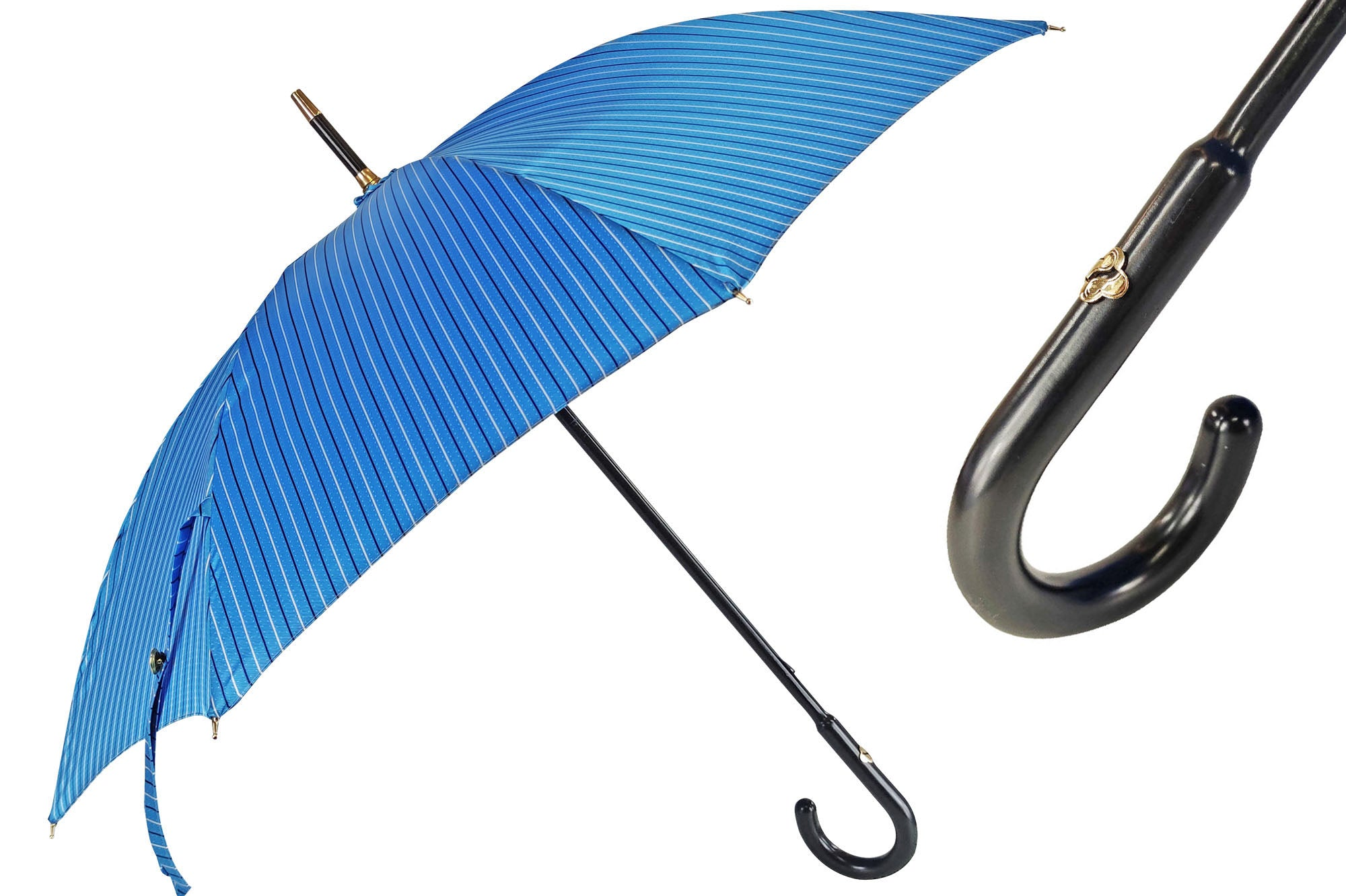 Men's Blue Umbrella – Classic Rain Umbrella with Black Leather Handle & Wooden Rod