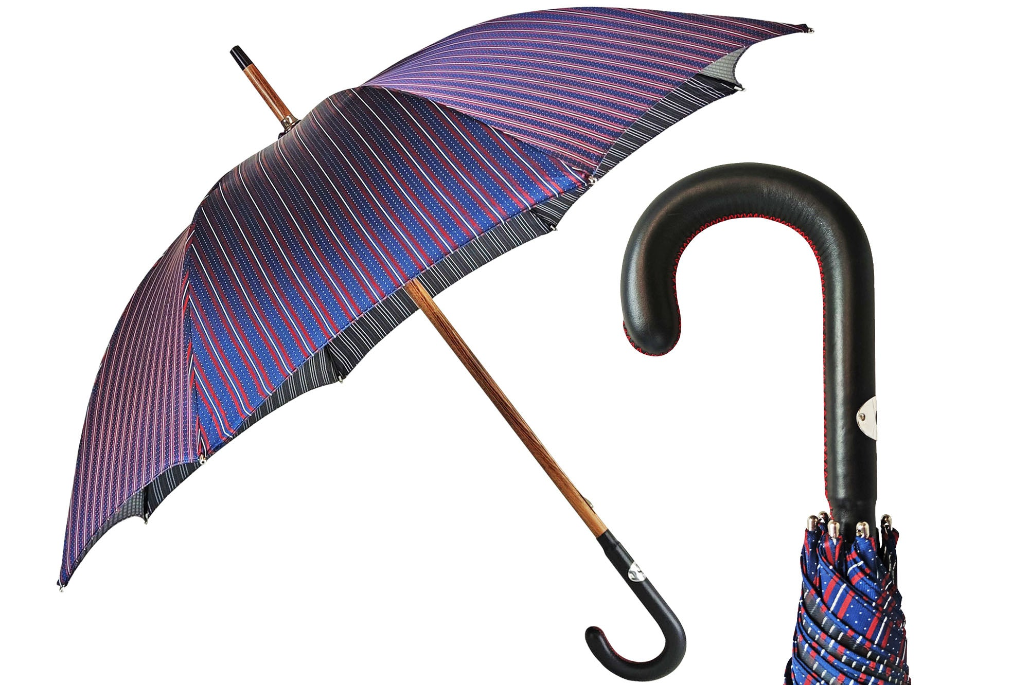 Italian Bespoke Umbrella – Handmade Men's Rain Umbrella with Black Leather Handle