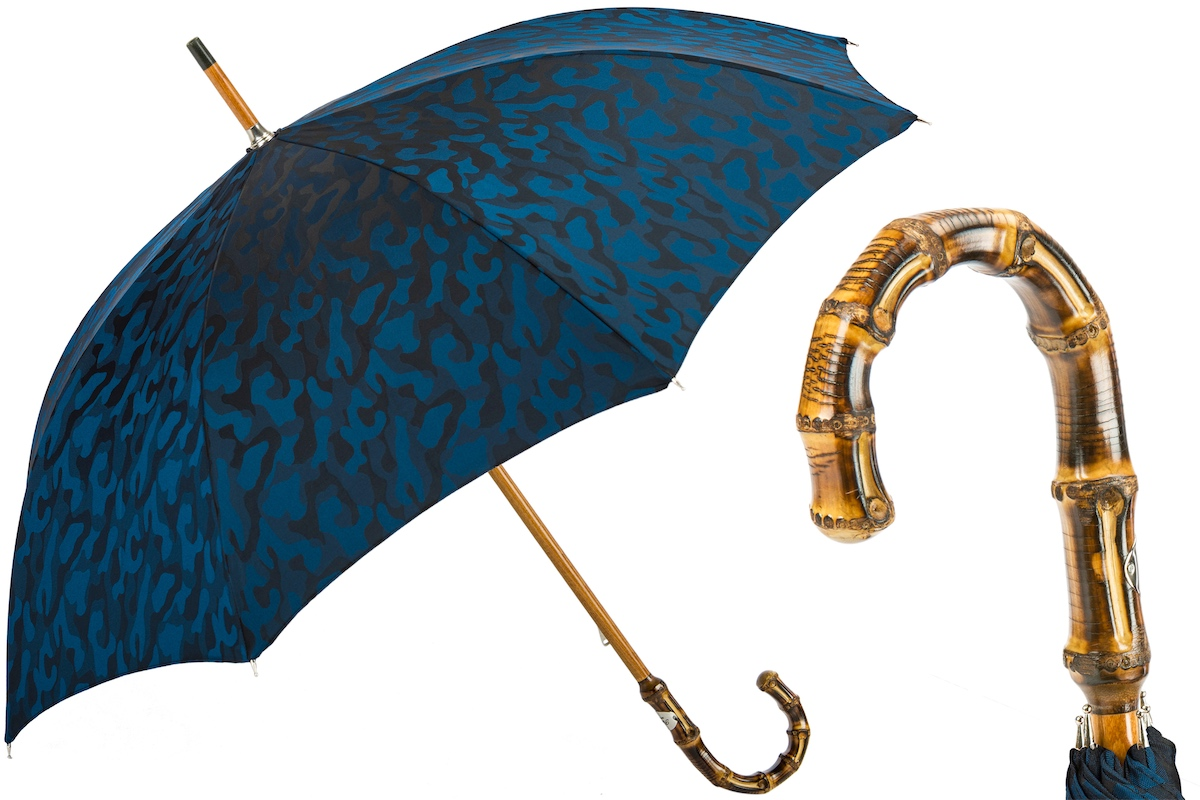Navy Blue Umbrella – Handmade Italian Camouflage Rain Umbrella with Bamboo Handle