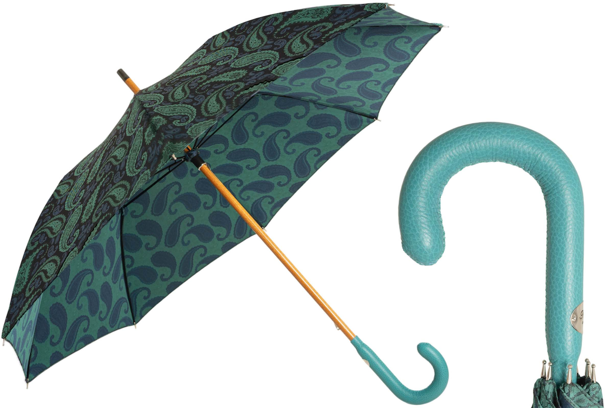 Turquoise Paisley Umbrella - Luxury Handmade Italian Rain Umbrella with Leather Handle
