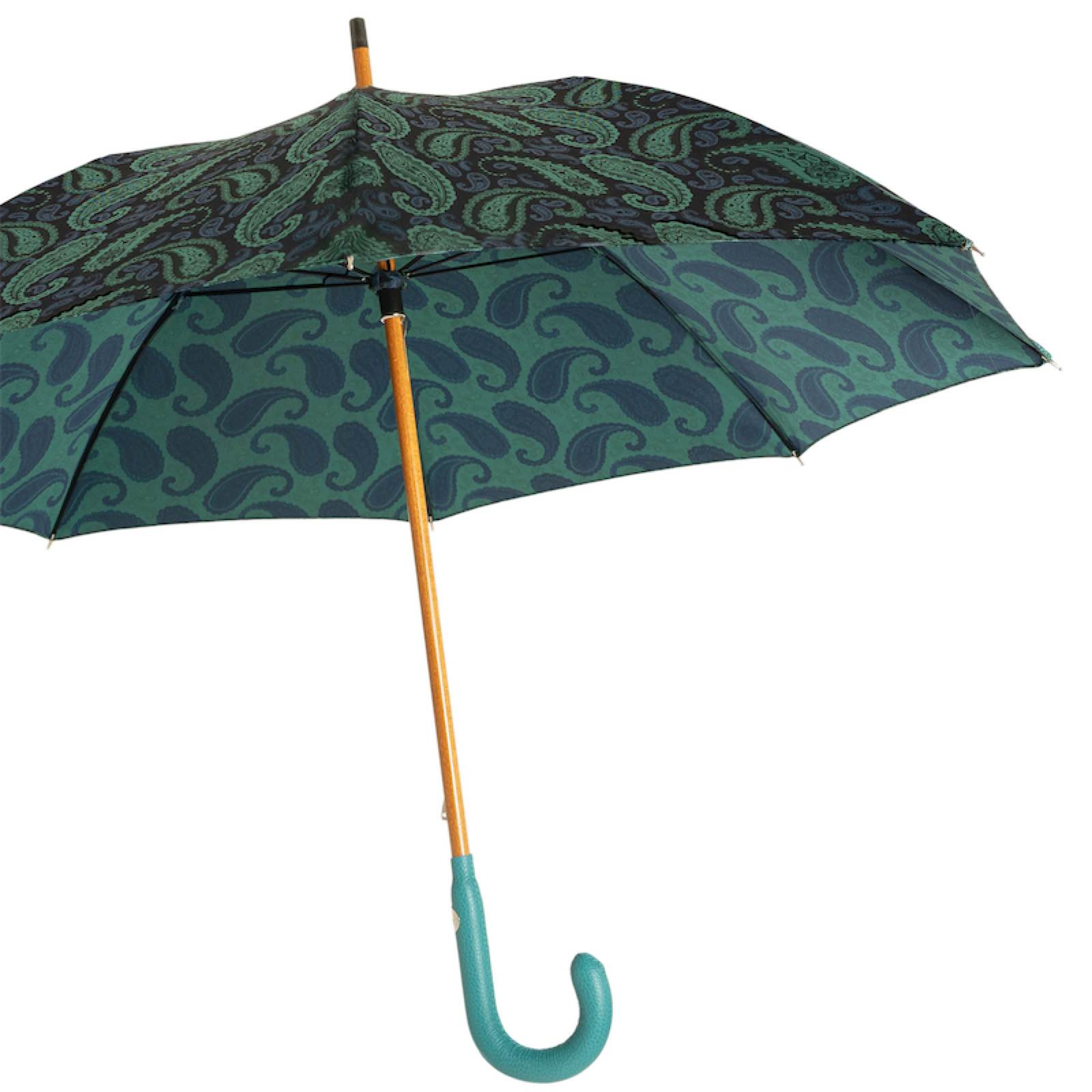 Turquoise Paisley Umbrella - Luxury Handmade Italian Rain Umbrella with Leather Handle