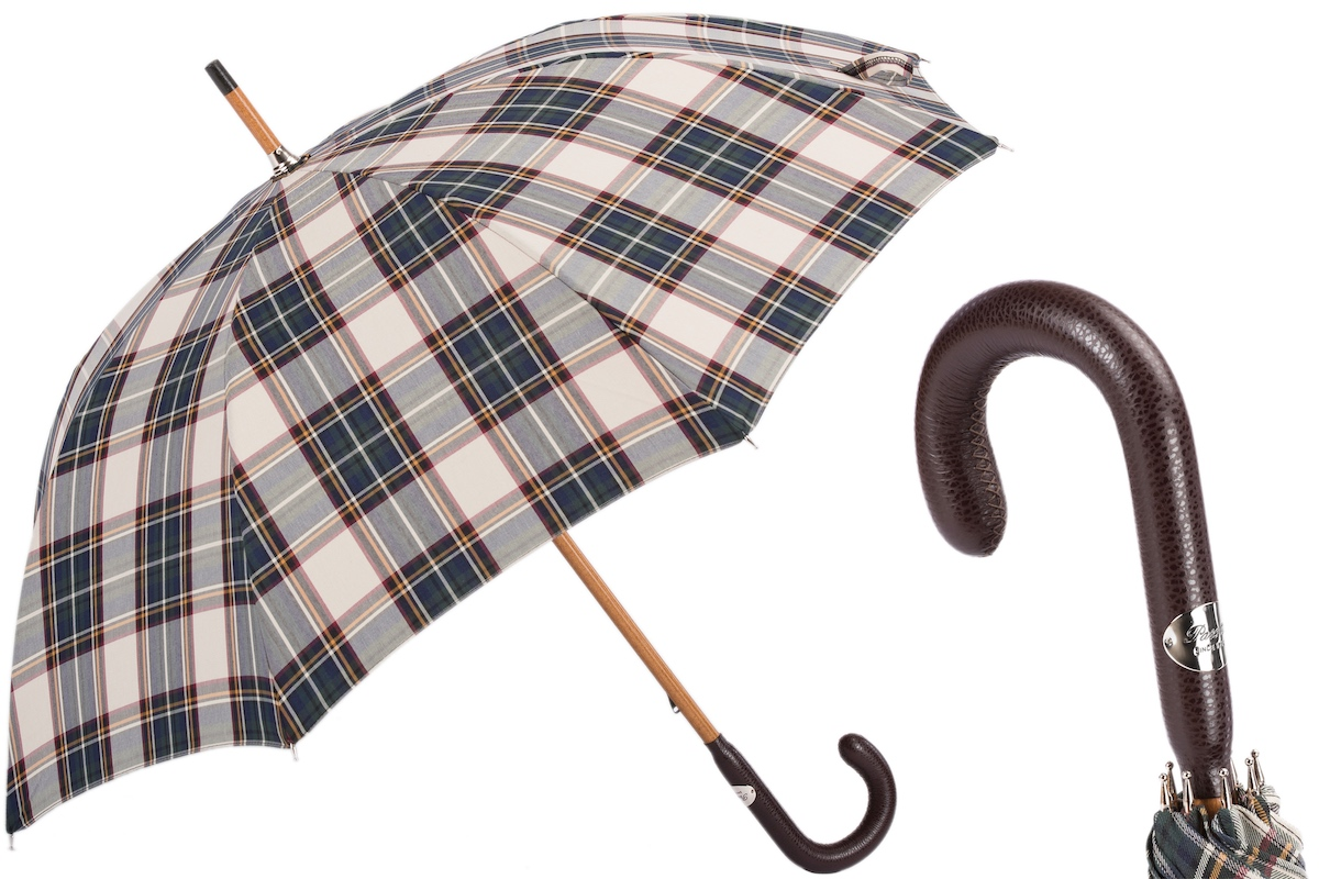 Brown Tartan Umbrella – Handmade Italian Leather Handle Rain Accessory