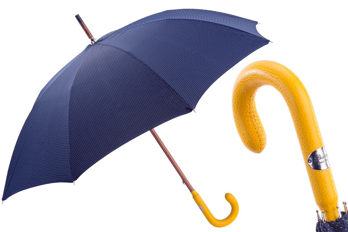 Men's bespoke navy umbrella with yellow polka dots and handmade Italian leather handle by Pasotti.