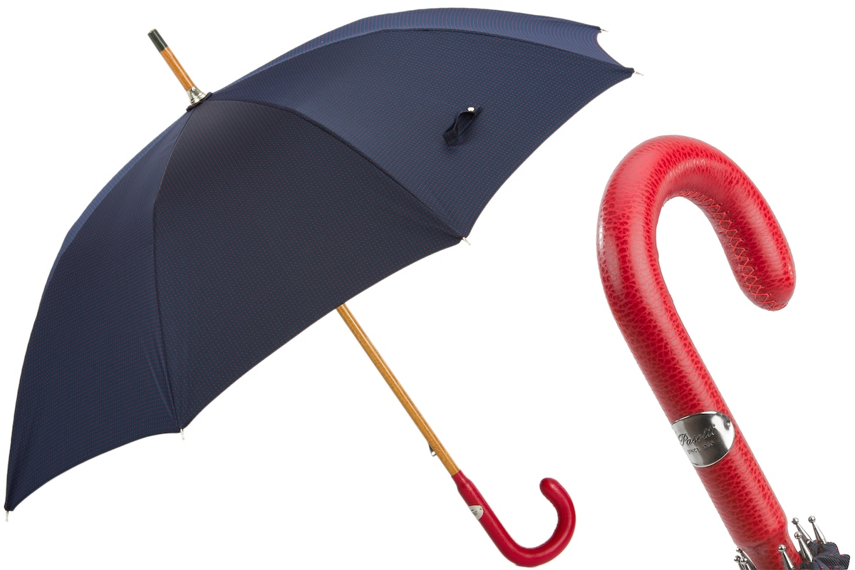 Navy Umbrella – Bespoke Leather Handle, Red Dots & Water Repellent Canopy