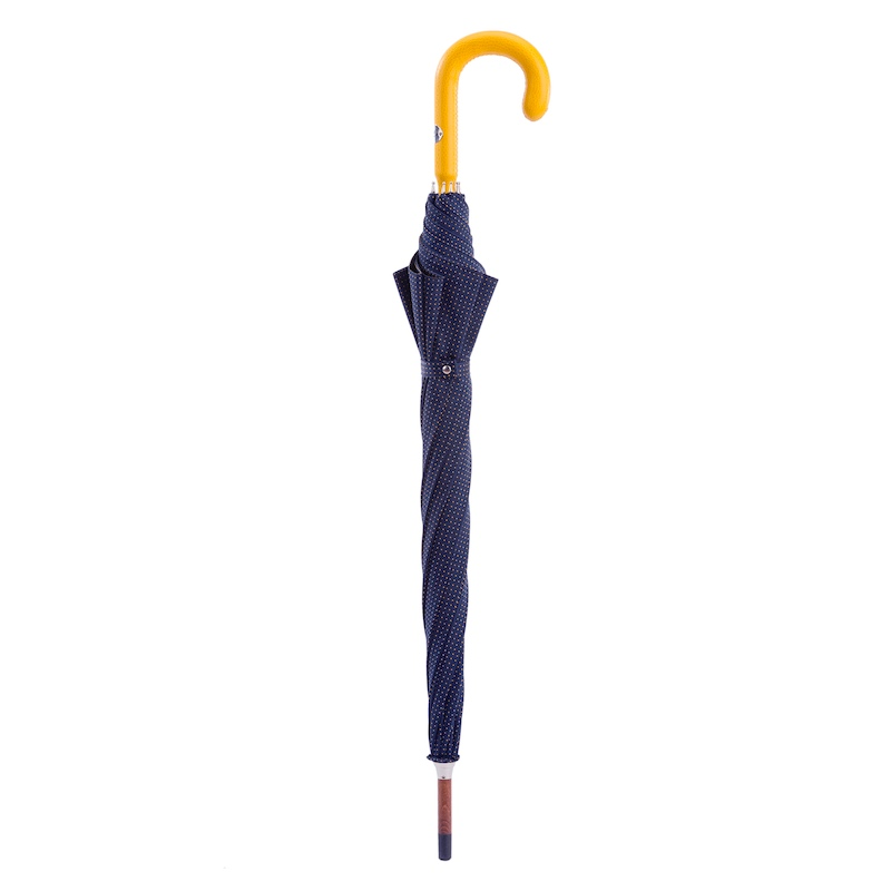 Men's navy umbrella by Pasotti with handmade Italian leather handle and yellow polka dot canopy, stylish and durable.