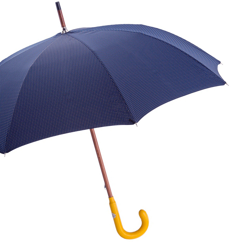Men's navy umbrella by Pasotti with handmade Italian leather handle and yellow polka dot pattern.
