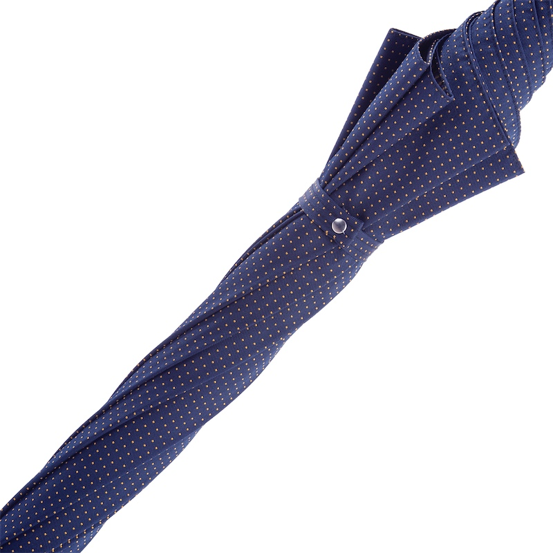 Men's navy umbrella with yellow polka dots, handmade Italian leather handle by Pasotti, stylish and durable rain protection.