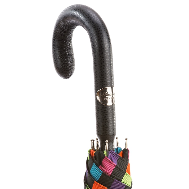 Luxury Designer Umbrella – Multicolor Striped Handmade Italian Rain Gear with Leather Handle