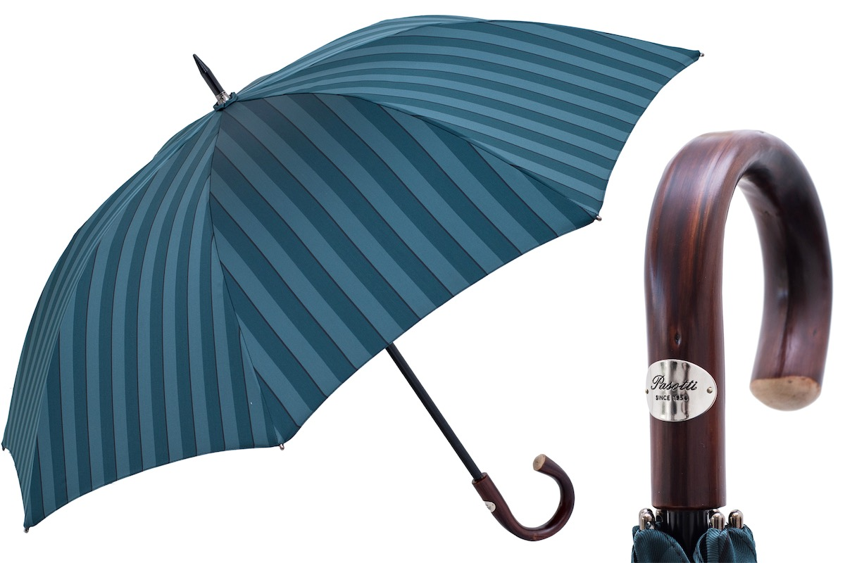 Large striped Pasotti umbrella featuring a dark chestnut handle, handmade in Italy, ideal for men.