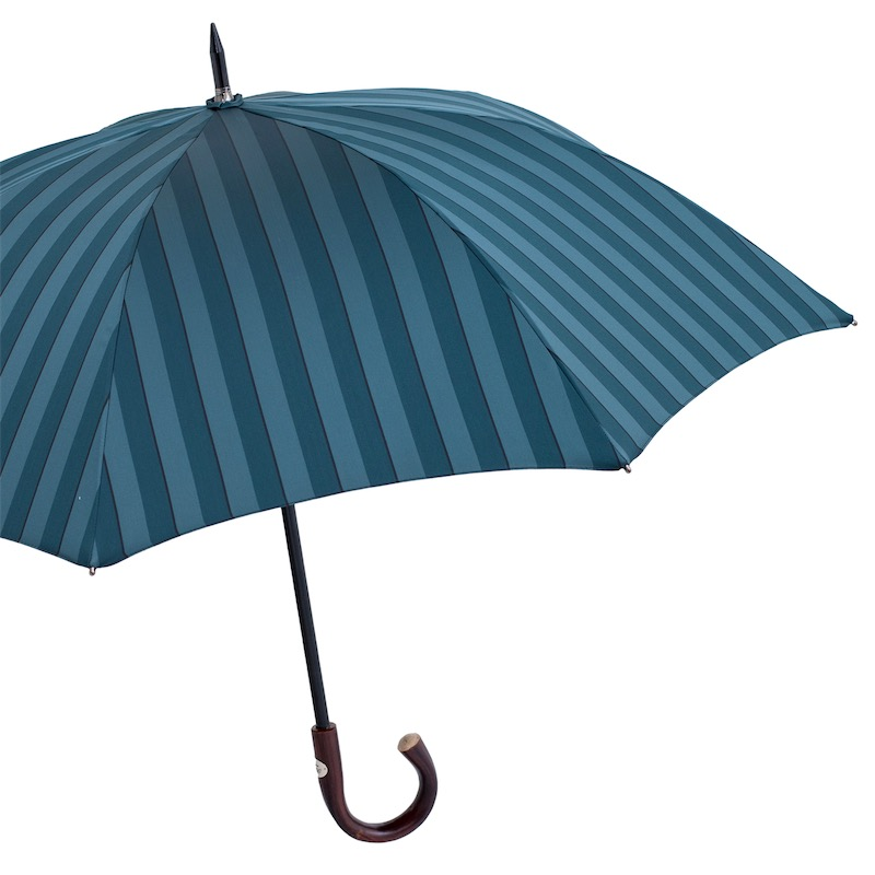 Large striped umbrella with a dark chestnut handle, handmade in Italy by Pasotti, designed for men.