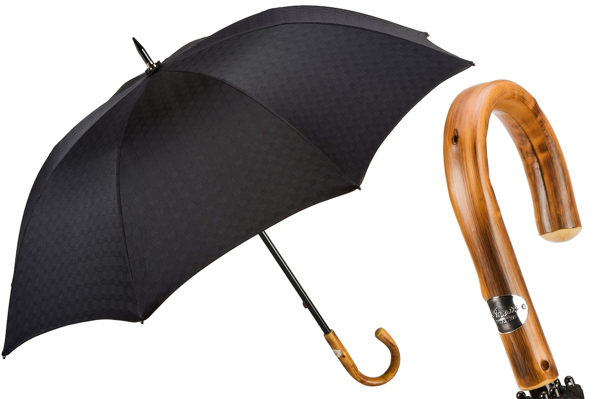 Extra Wide Canopy Umbrella - Chestnut Handle Black Handmade Italian Rain Gear