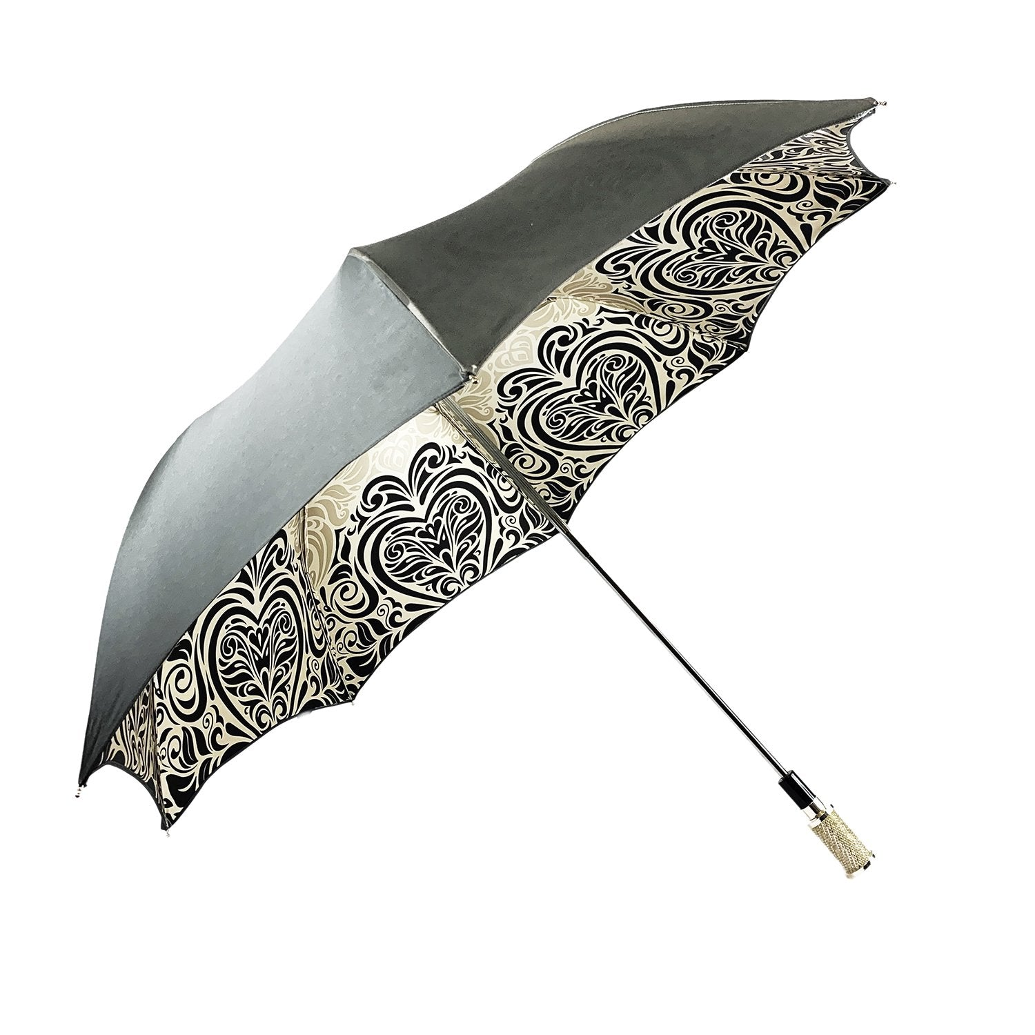 Black and white luxury damask pattern folding umbrella with silver-plated handle by Ilmarchesato, open to show elegant design and structure.