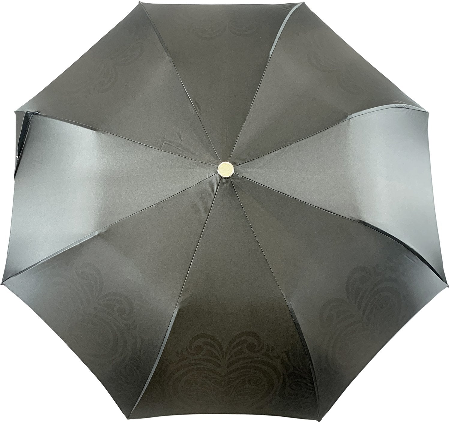 Black and white folding umbrella with luxury damask pattern and silver-plated handle by Ilmarchesato.