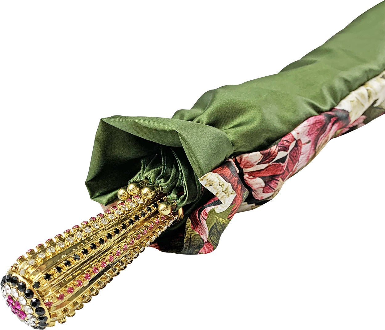 Luxury Floral Umbrella – Olive Green Double Canopy With Gold Crystal Handle