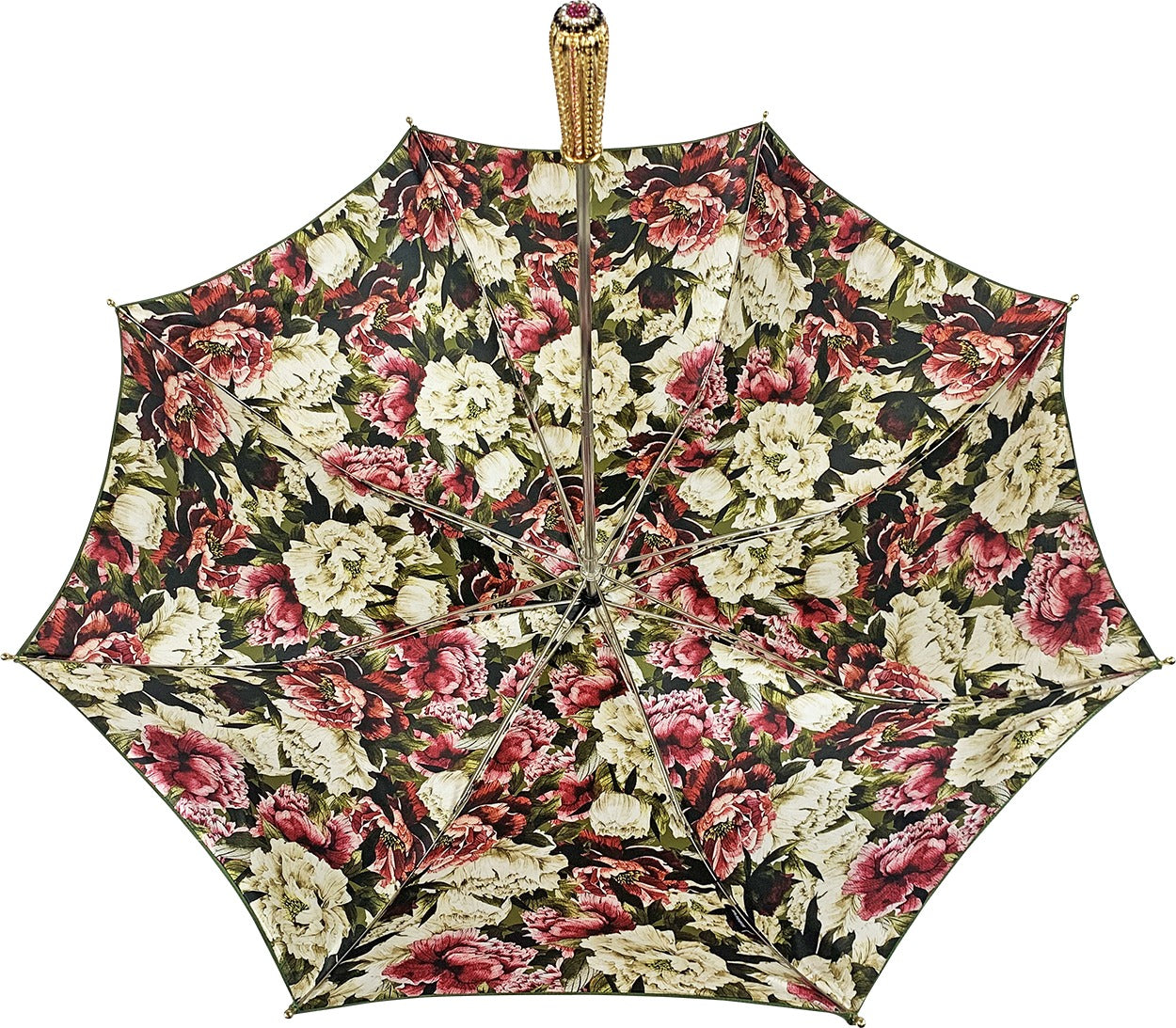 Luxury Floral Umbrella – Olive Green Double Canopy With Gold Crystal Handle