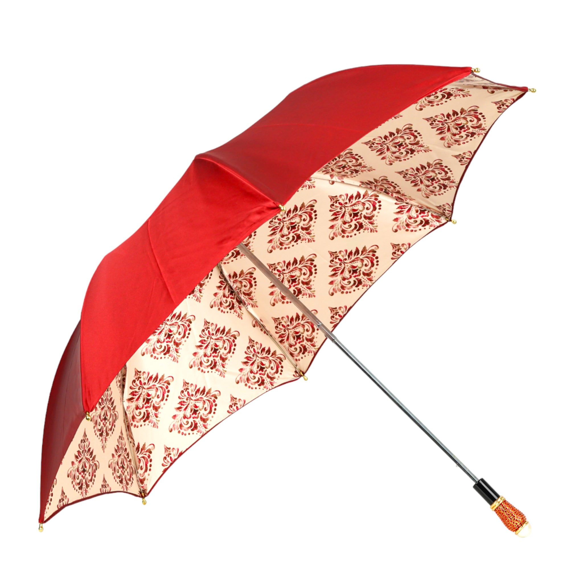 Ilmarchesato Amaranth Deluxe women's folding rain umbrella with gold handle, stylish and compact for rainy weather.