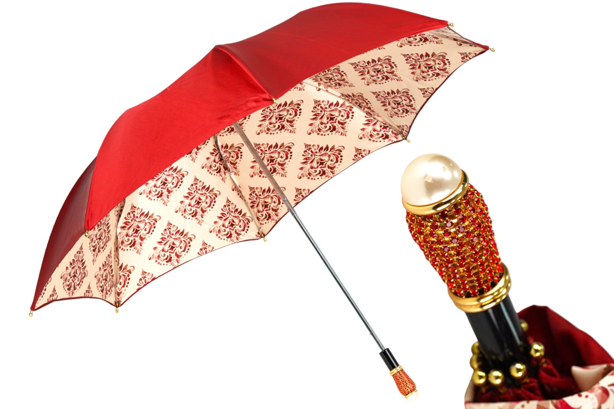 Ilmarchesato Amaranth Deluxe women's folding umbrella with gold handle, luxury rain umbrella showing elegant design and compact form