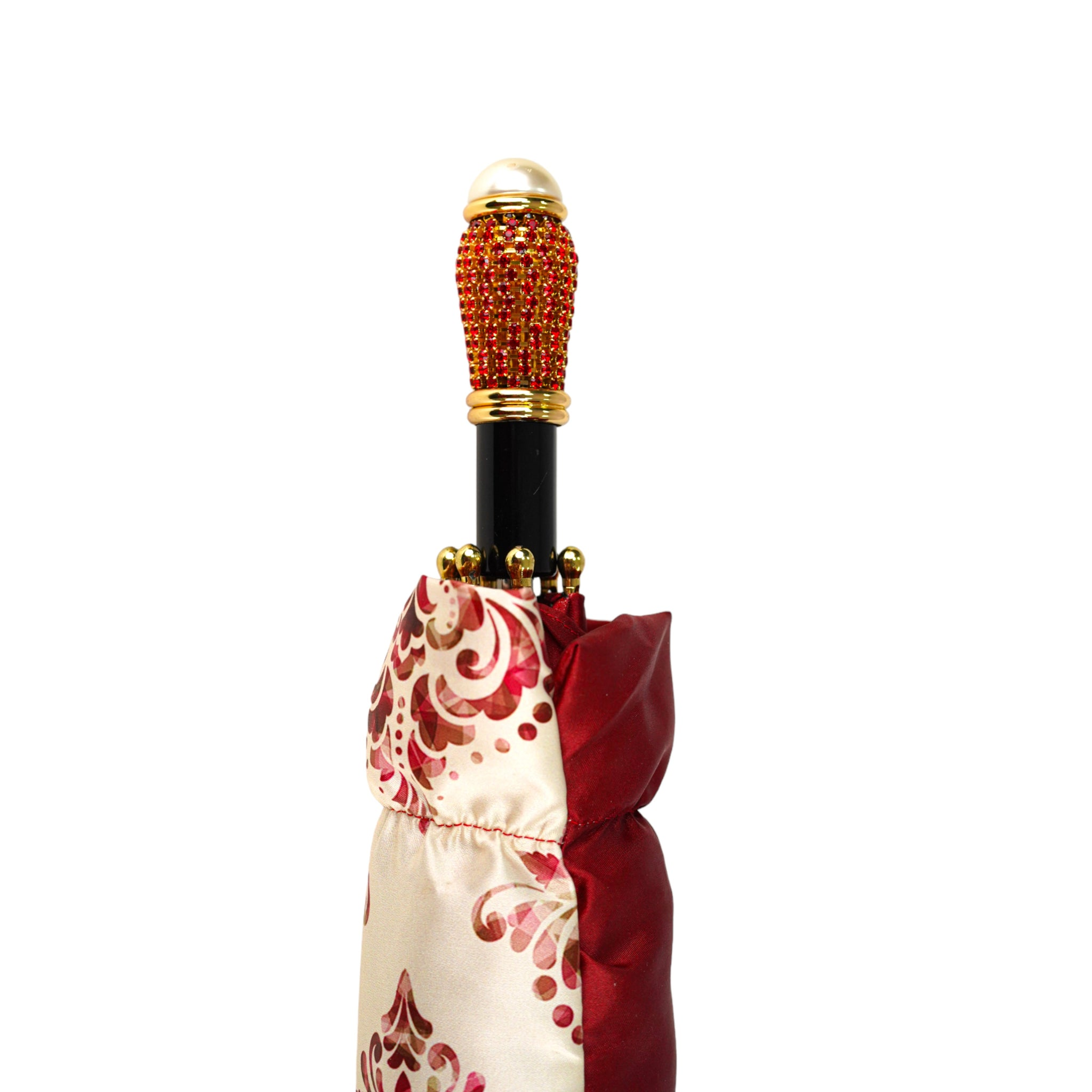 Ilmarchesato Amaranth Deluxe women's folding umbrella with gold handle, luxury rain umbrella featuring elegant design and compact form.