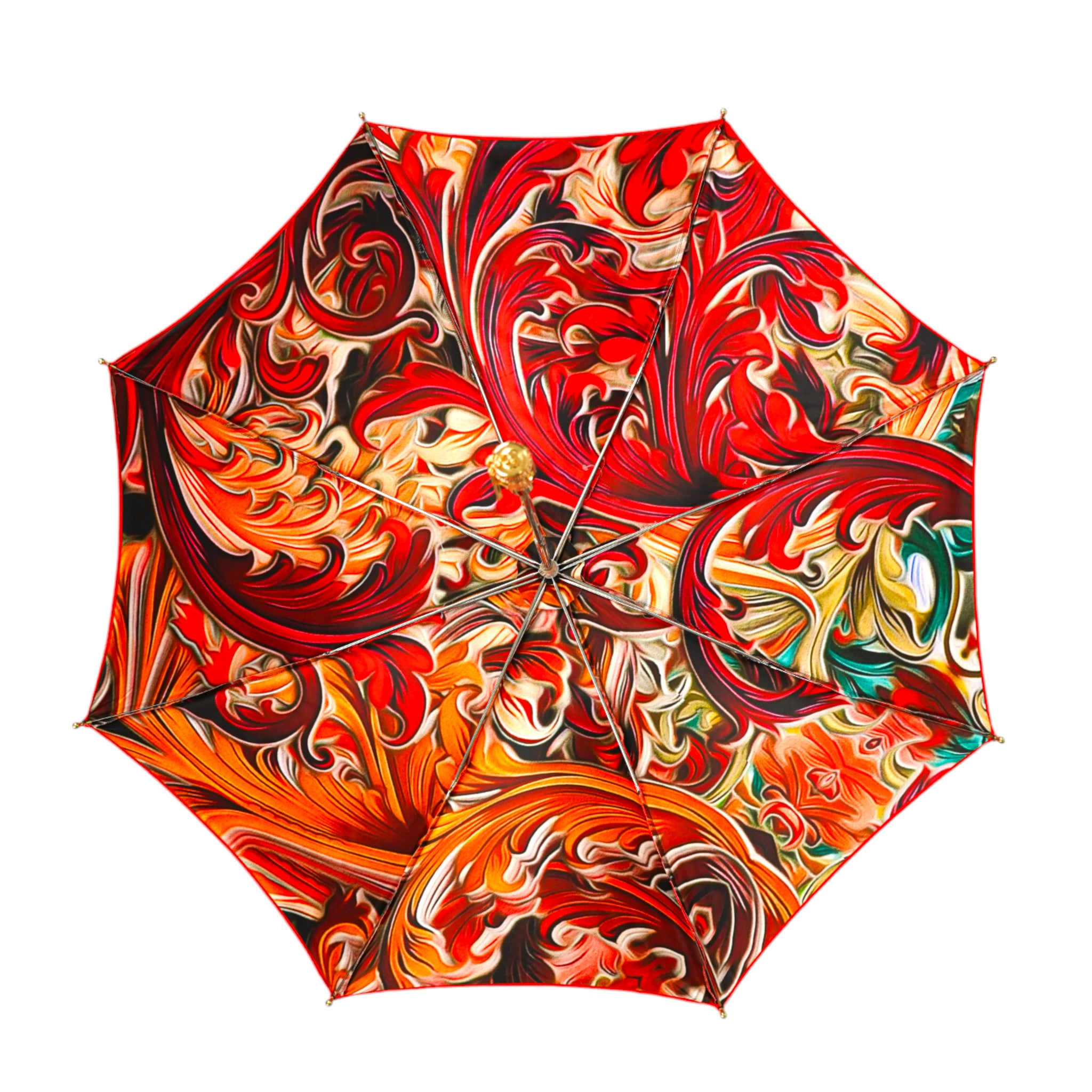 Red Women's Umbrella – Deluxe Folding Rain Umbrella with Gold Handle & Abstract Print
