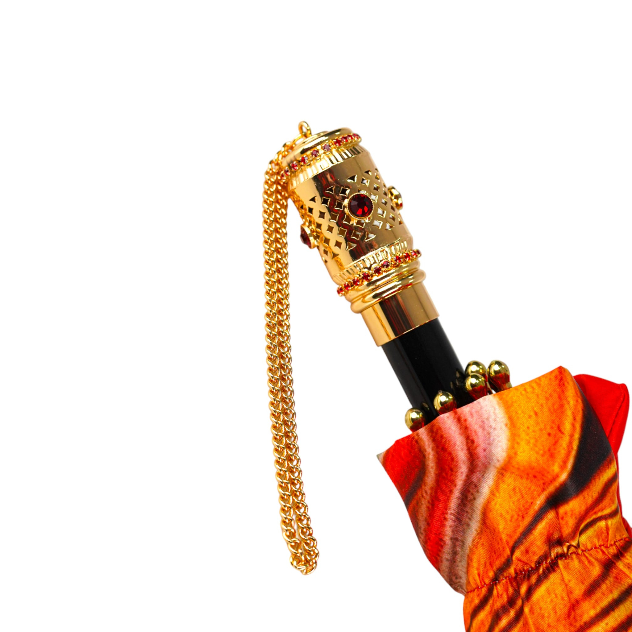 Red Women's Umbrella – Deluxe Folding Rain Umbrella with Gold Handle & Abstract Print