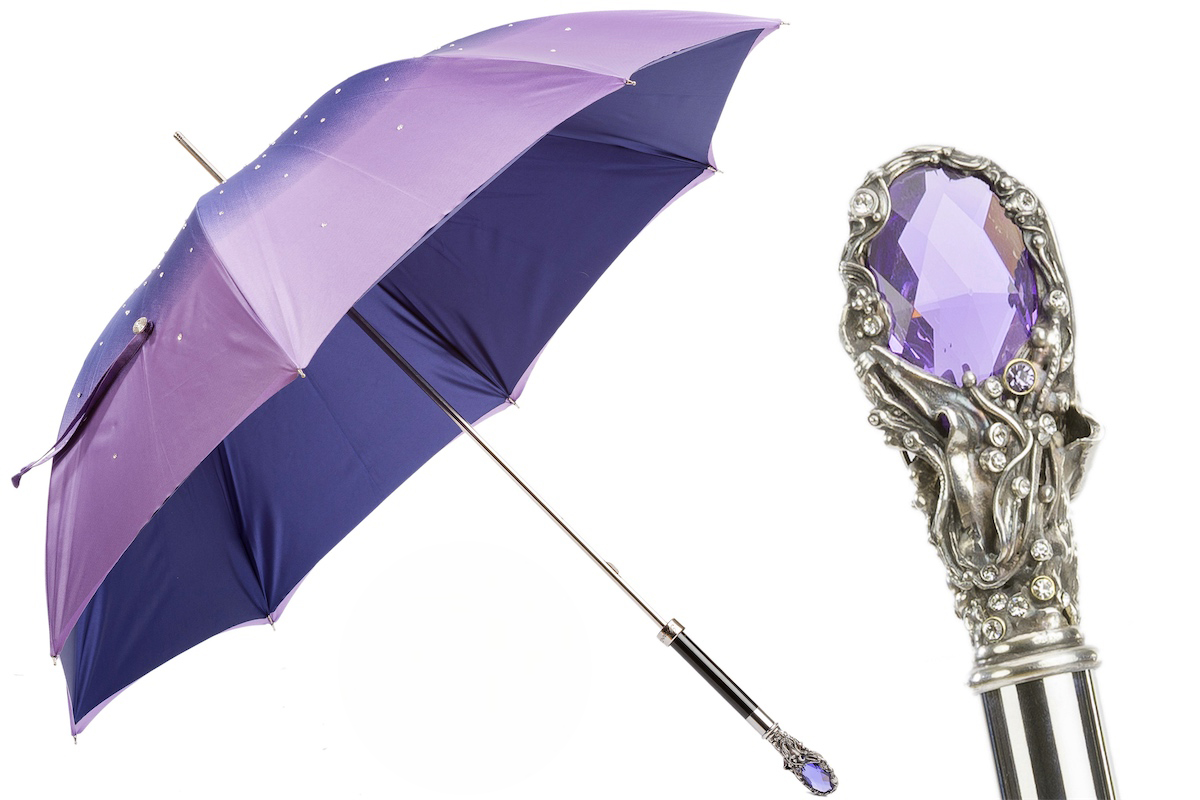 Swarovski Umbrella – Purple Gem Handle Double Cloth Canopy, Handmade Italian Luxury