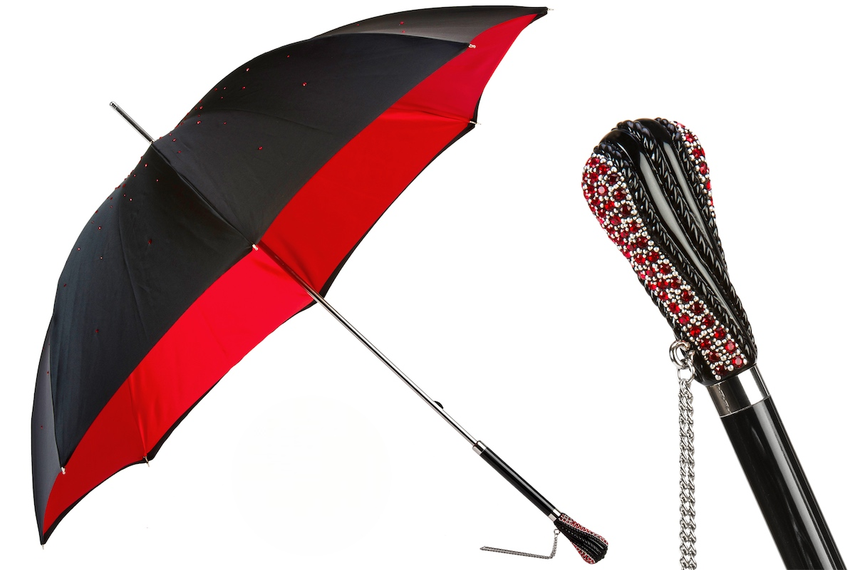 Swarovski Umbrella - Black Double Cloth Rain Umbrella with Red Interior & Crystal Handle