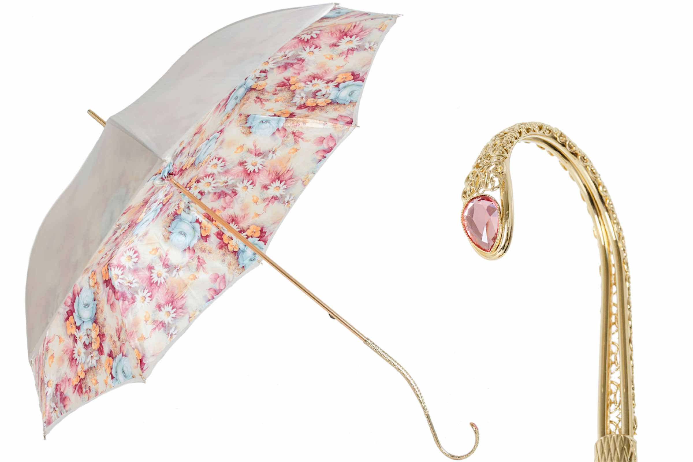 Romantic Umbrella – Handmade Italian Flower Print Double Cloth Canopy, Brass Handle