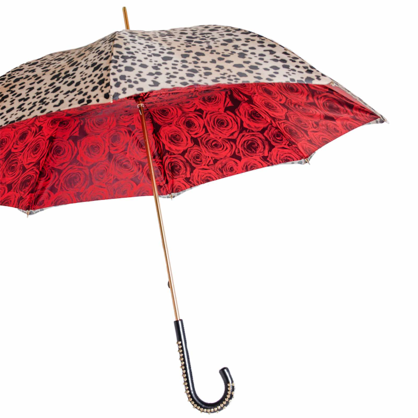 Handmade Italian Umbrella – Leopard & Rose Design | Manual Open, Leather Handle