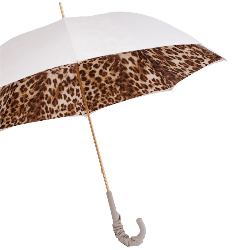 Leopard Print Umbrella – Handmade Italian Leather Handle Rain Canopy Gift Box
