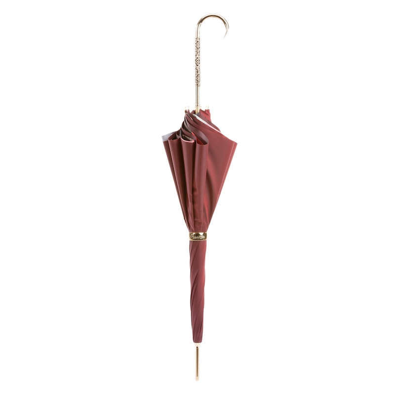 Vintage Umbrella – Burgundy Classic Rain Umbrella with Jeweled Brass Handle