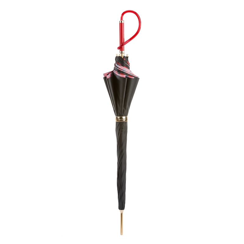 Pasotti black and red dotted rain umbrella with double cloth canopy and durable acetate handle, stylish and weather-resistant.