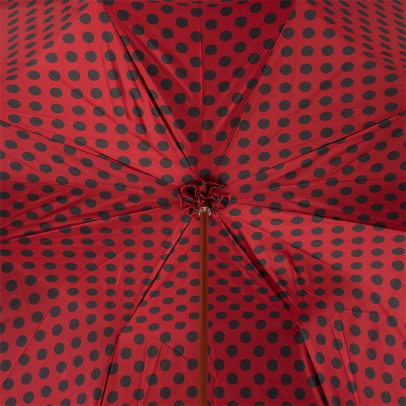 Black and red dotted rain umbrella with double cloth canopy and durable acetate handle by Pasotti.