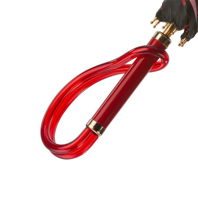Pasotti black and red rain umbrella with dotted pattern, double cloth canopy, and durable acetate handle.