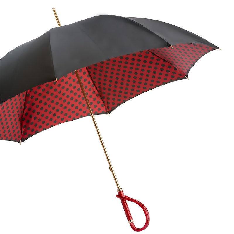 Black and red dotted rain umbrella by Pasotti featuring a double cloth canopy and durable acetate handle.