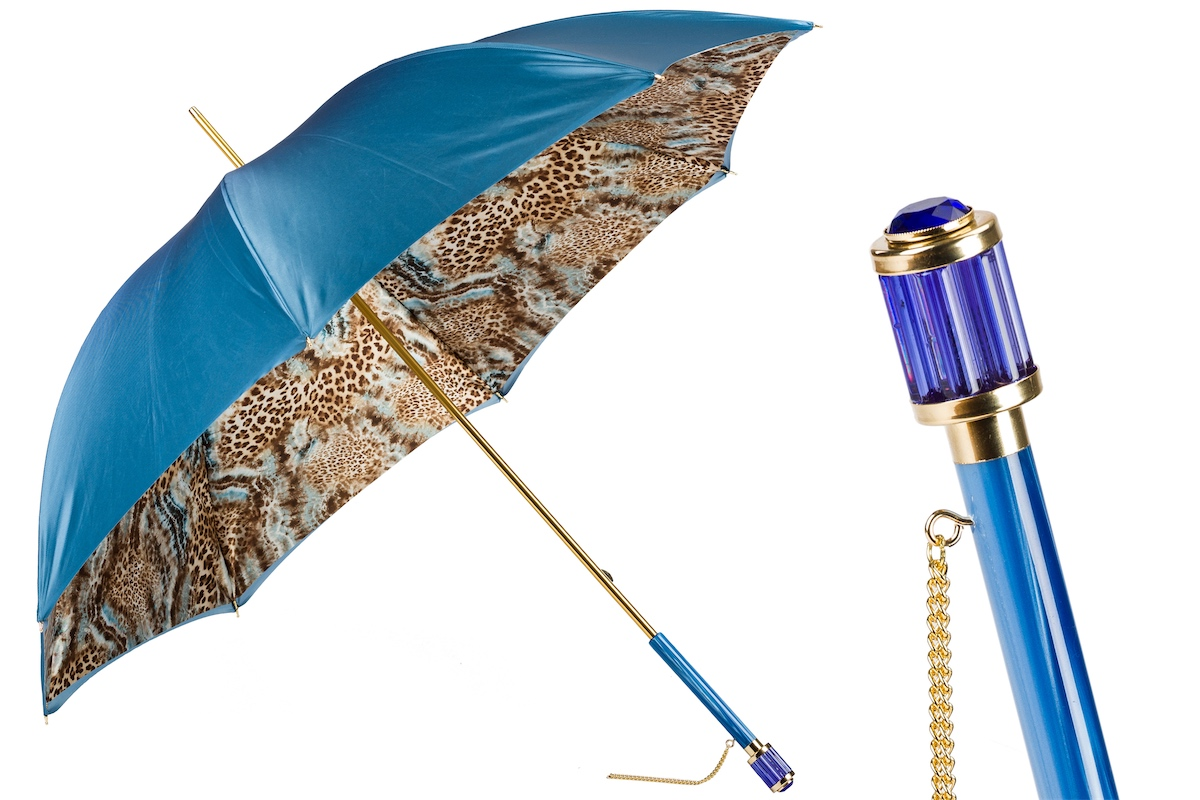 Blue Animalier Umbrella - Handmade Manual Rain Umbrella with Double Cloth Canopy
