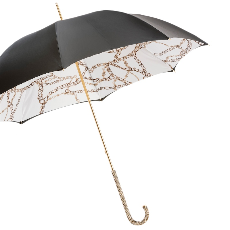 Black Umbrella – Chains Print with Swarovski Crystal Handle | Luxury Rain Gear