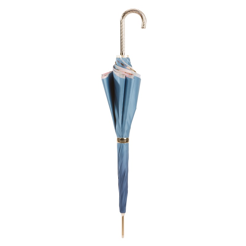 Blue Floral Umbrella – Manual Open Double Cloth Canopy with Jeweled Brass Handle