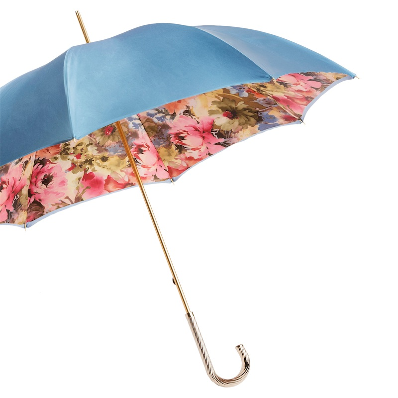 Blue Floral Umbrella – Manual Open Double Cloth Canopy with Jeweled Brass Handle