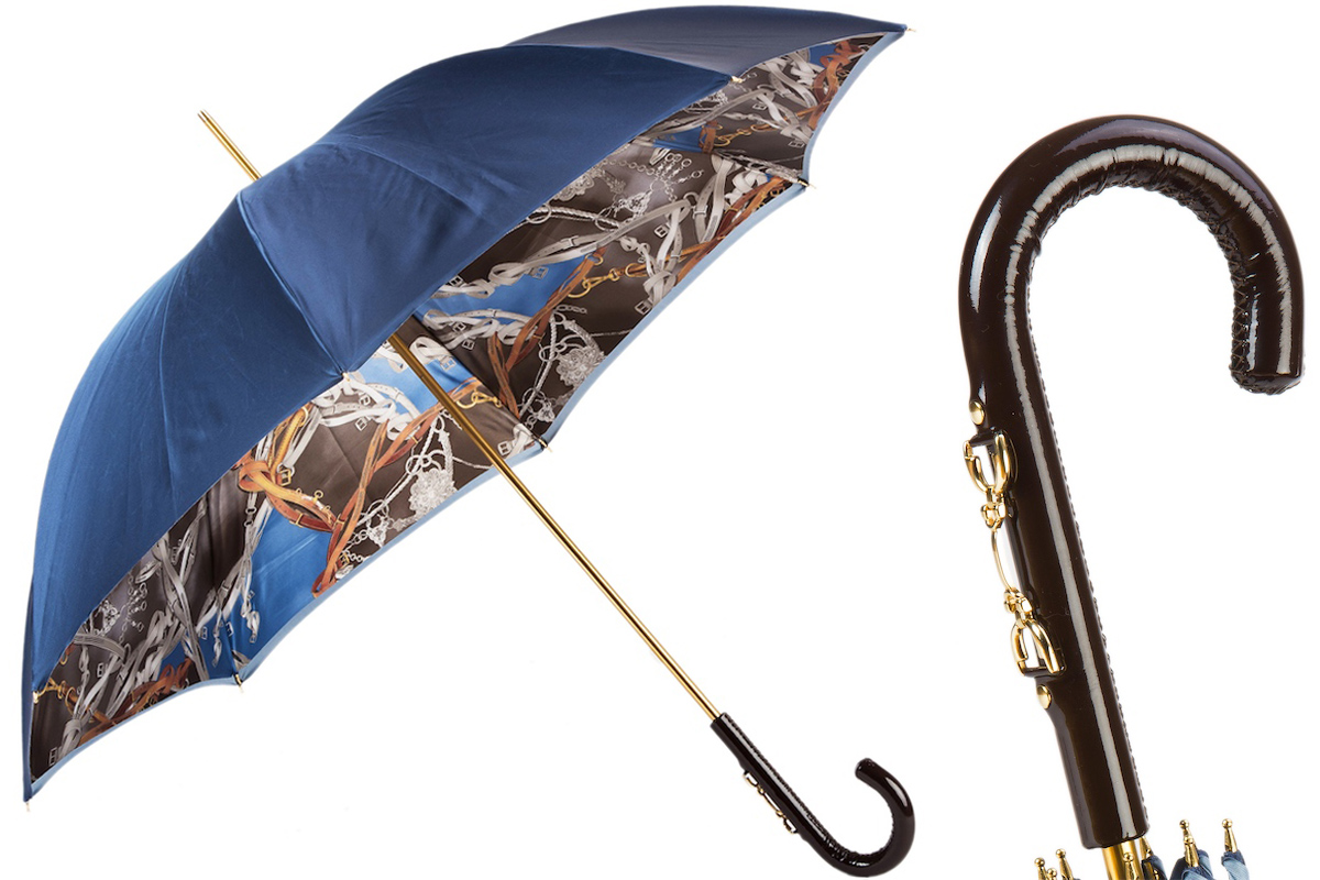 Navy Umbrella – Handmade Italian Double Cloth with Leather Stirrup Handle