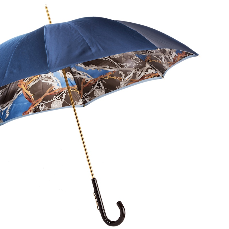 Navy Umbrella – Handmade Italian Double Cloth with Leather Stirrup Handle