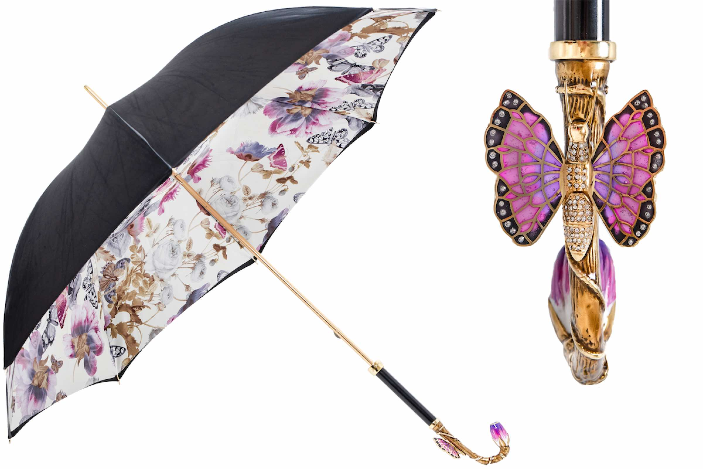 Purple Butterfly Umbrella - Swarovski Crystal Brass Handle | Luxury Rain Protection