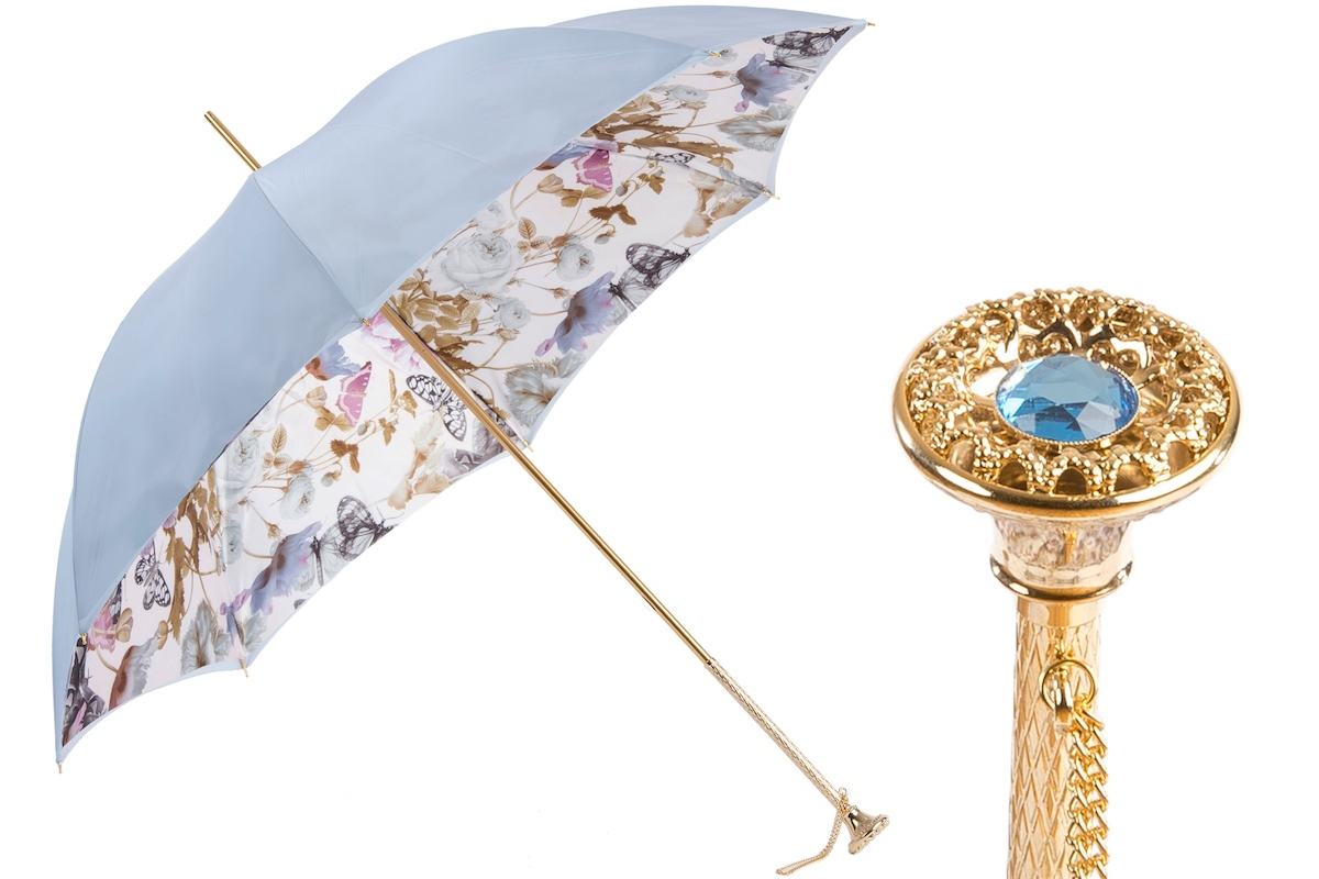 Double Cloth Umbrella - Light Blue Butterfly Pattern, Jeweled Brass Handle, Italian Handmade