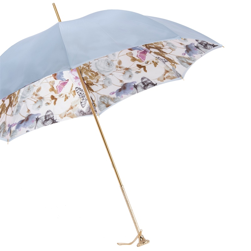 Double Cloth Umbrella - Light Blue Butterfly Pattern, Jeweled Brass Handle, Italian Handmade