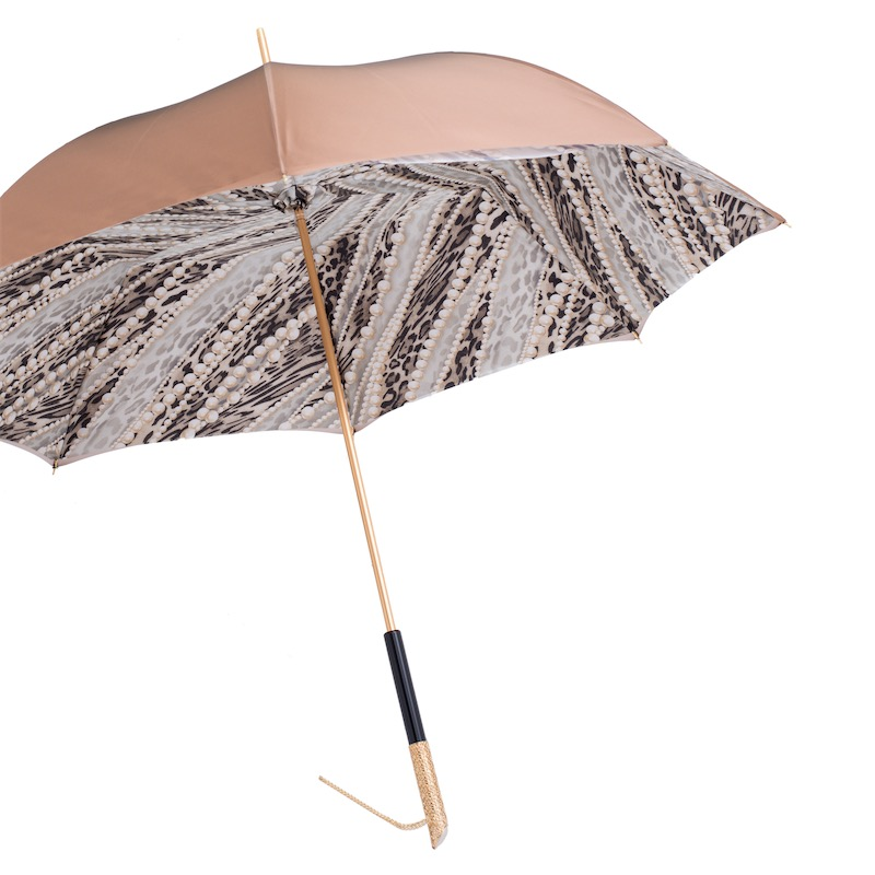 Light Gold Pearls Umbrella – Handmade Italian Double Cloth Canopy With Jeweled Handle