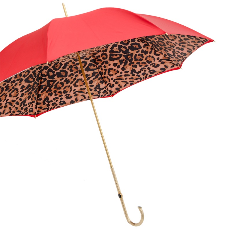 Red Leopard Print Umbrella - Double Cloth Brass Handle Italian Rain Gear