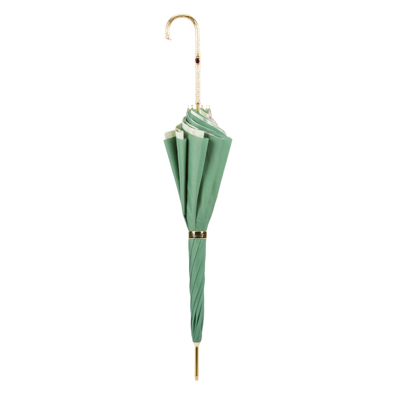 Green Pink Roses Umbrella – Double Cloth Canopy, Manual Open, Jeweled Brass Handle