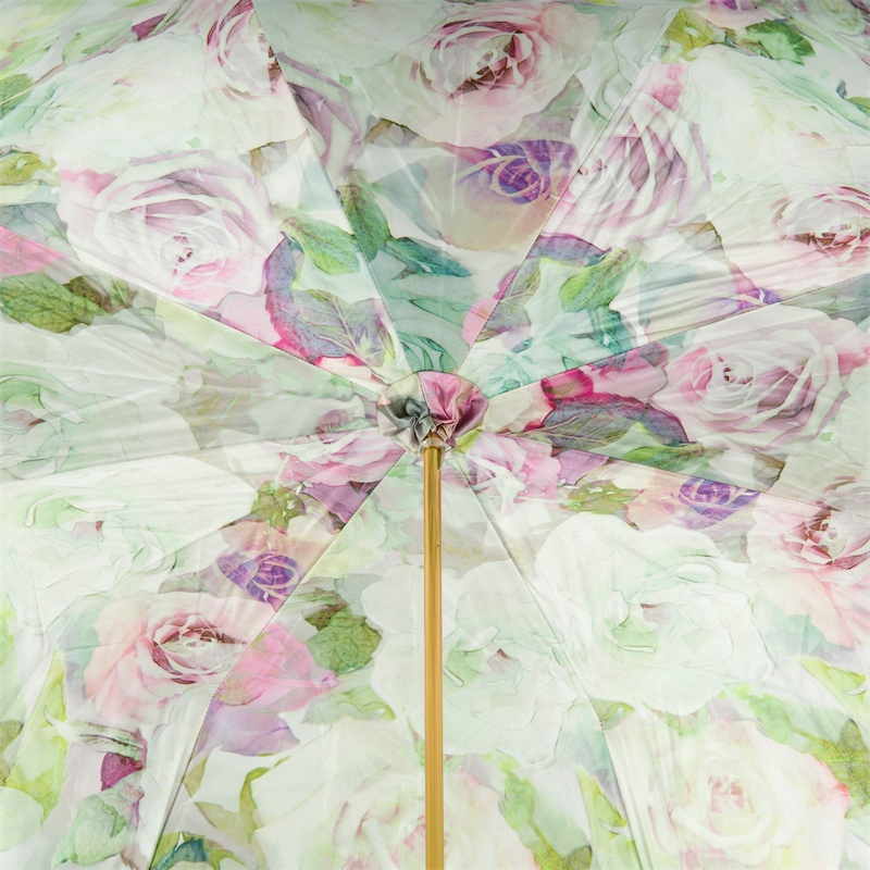 Green Pink Roses Umbrella – Double Cloth Canopy, Manual Open, Jeweled Brass Handle