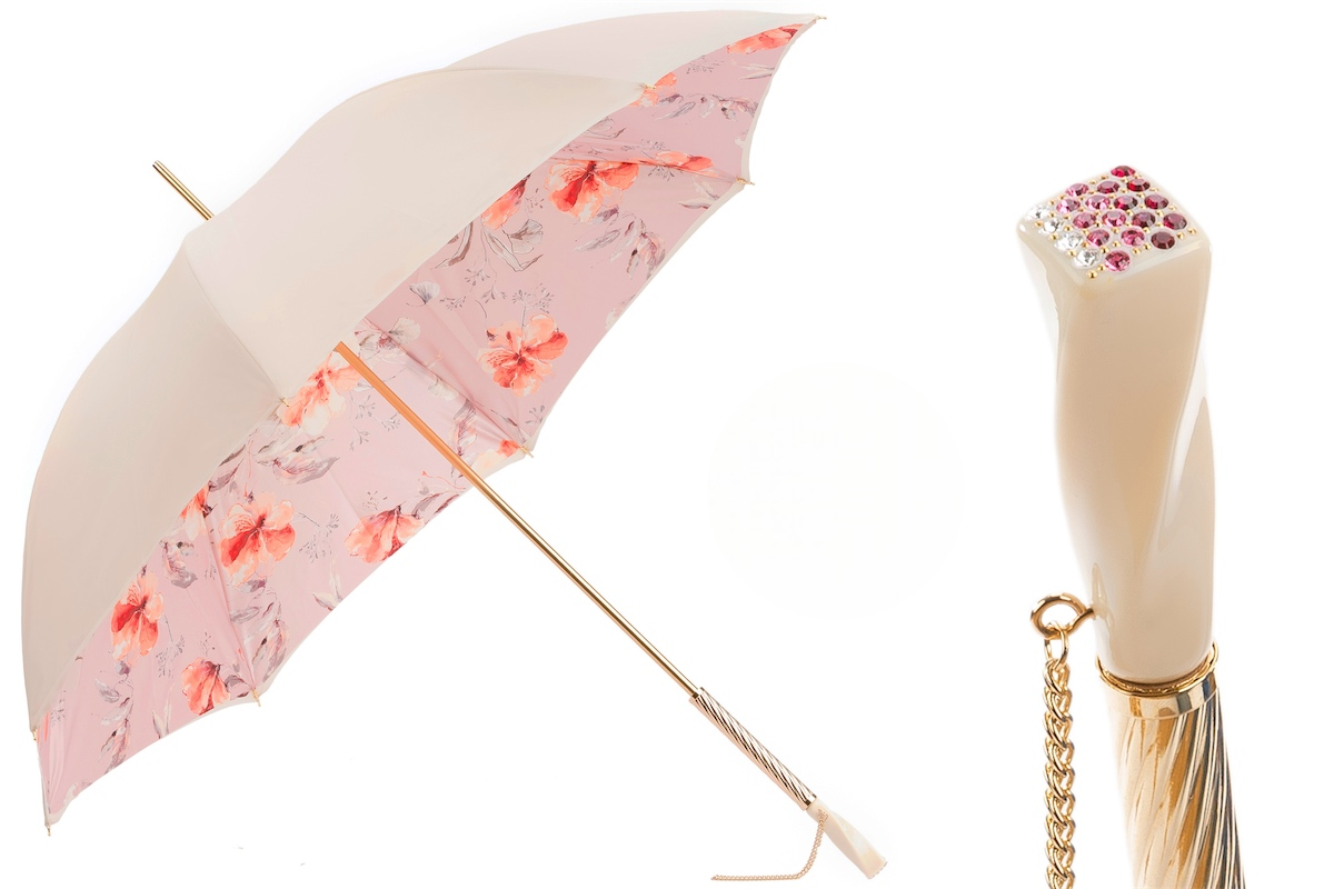 Flowered Umbrella – Handmade Italian Ivory Pink Floral Rain Umbrella with Swarovski Crystal Handle